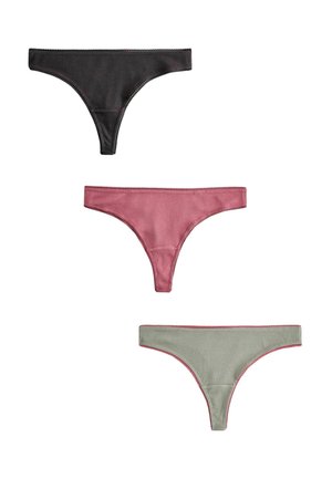 Drei Paar Damenstring-Tangas: schwarze gerippte Stoffe mit kontrastierendem Besatz, rosa gerippte Textur und sanftes Grün mit pinken Akzenten.