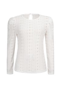 Witte blouse met lange mouwen van kant met een bloemenpatroon, voorzien van een ronde halslijn en een keyhole sluiting aan de achterkant. Textuurdetail van de stof zichtbaar.