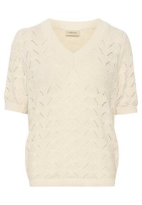 Pulover crem cu decolteu în V, cu mâneci scurte, un model texturat cu tricot deschis și margini ribbate la manșete și la tiv.
