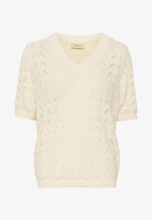 Cremefärgad V-ringad tröja med kort ärm, en strukturerad öppen stickad mönster och ribbade kanter vid ärmsluten och nederkanten.