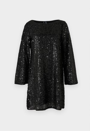 Robe noire à paillettes avec des manches trois-quarts, un col rond et une coupe décontractée. Texture brillante avec un motif de paillettes sur l'ensemble.