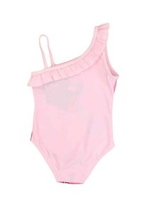 Maillot de bain rose à une épaule avec des volants, fabriqué en tissu doux, doté de fines bretelles et d'un design simple pour faciliter les mouvements.