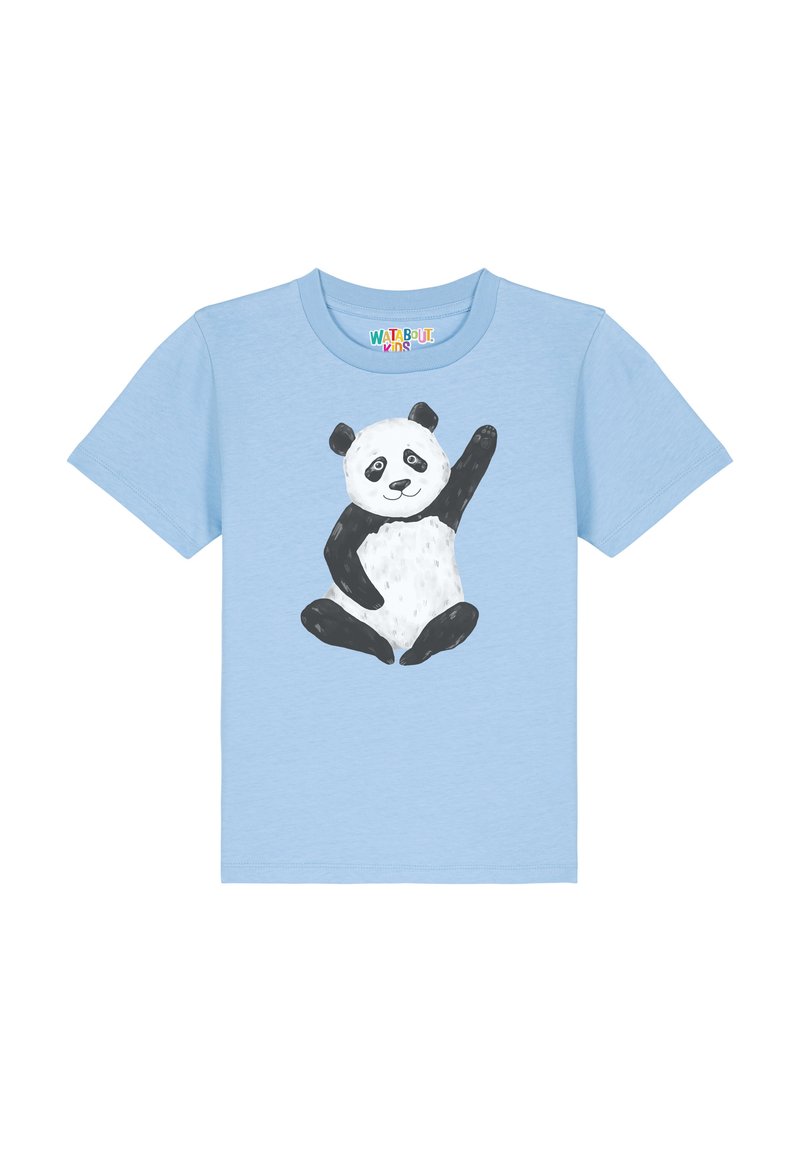 T-shirt en coton bleu clair avec un graphique de panda en noir et blanc, affichant une pose de vague sur un fond uni.