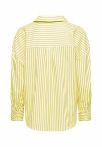 Chemise à manches longues jaune et blanche à rayures, avec des rayures verticales sur le corps et les manches, et des rayures horizontales sur le haut du dos et le col.