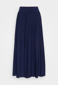 Gonna lunga plissettata blu navy con vita larga. Realizzata in materiale morbido, presenta pieghe verticali che creano una silhouette fluida.