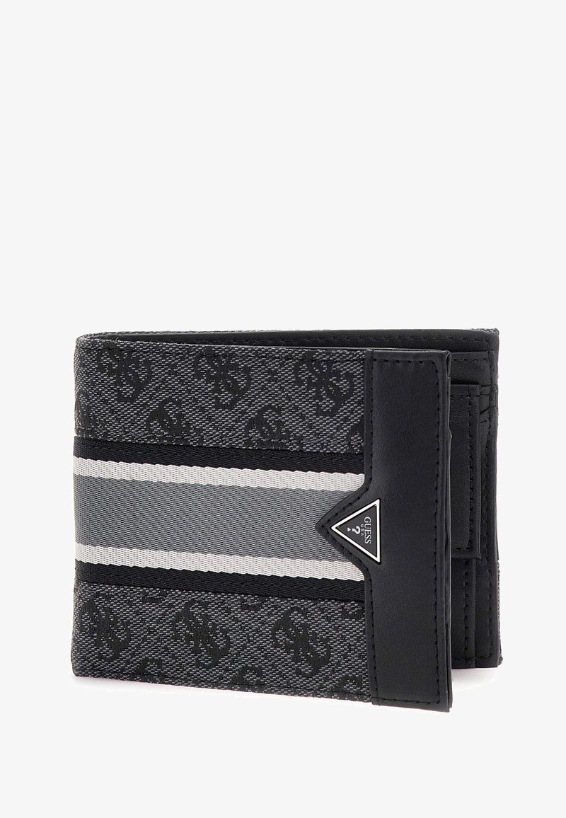 Juodas piniginė su tekstūruotu audiniu, ant kurio yra logotipų raštas, akcentuota pilkai baltu dryžuotu juosteliu ir trikampiu logotipo detalė.