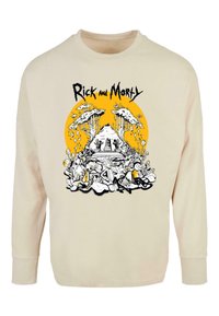 Sahnfarbene Sweatshirt mit einem schwarz-gelben "Rick and Morty"-Grafik, die detaillierte Illustrationen von Charakteren und Landschaften zeigt.