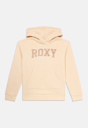 Beige Kinder-Hoodie mit vorderer Tasche und Kapuze, auf der "ROXY" im Leopardenmuster und der Text "Since 1990" darunter steht.