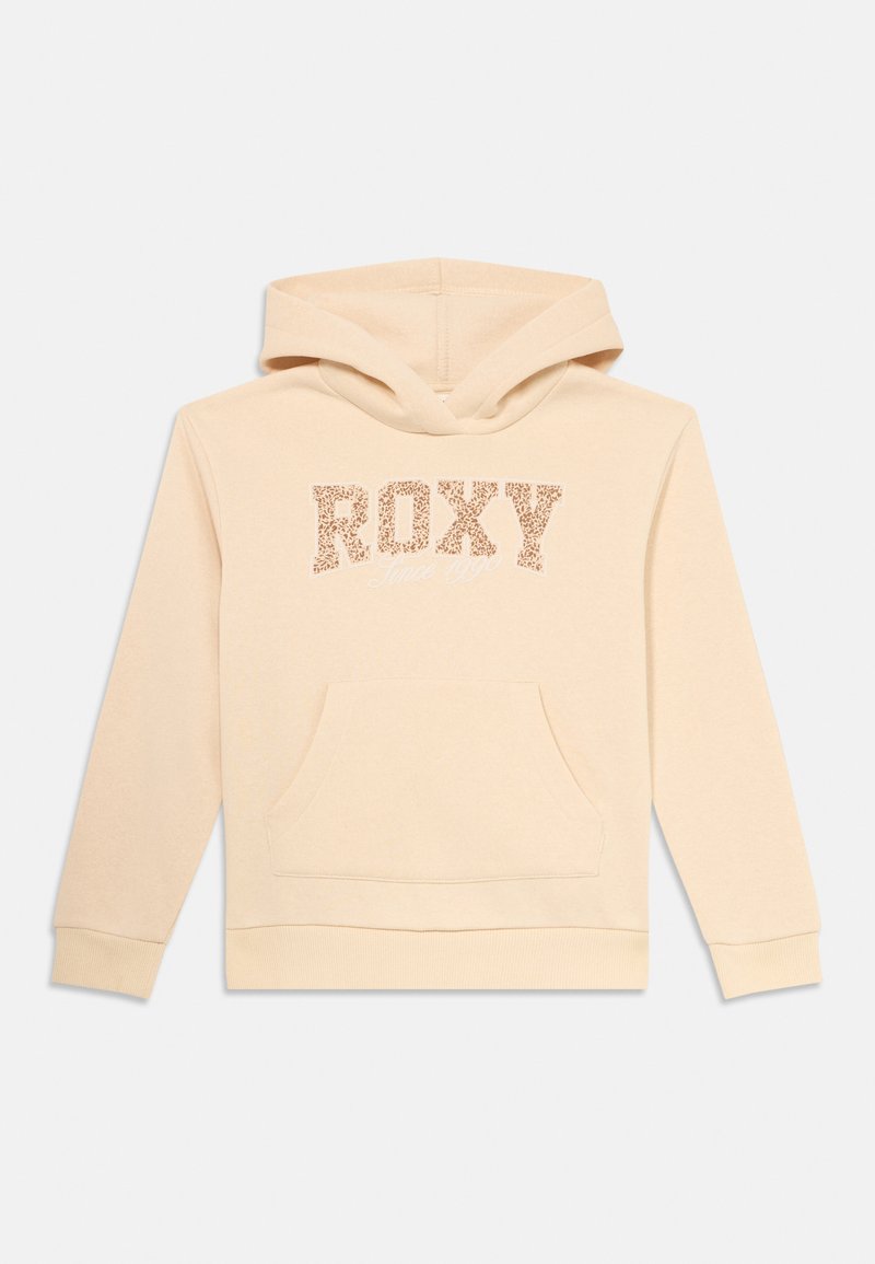 Felpa beige per bambini con tasca a marsupio frontale e cappuccio, con la scritta "ROXY" in stampa leopardata e il testo "Dal 1990" sottostante.