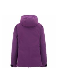 Giacca impermeabile viola con cappuccio, caratterizzata da una superficie liscia, chiusura con zip e polsini regolabili. Design semplice senza decorazioni.