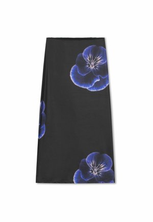 Schwarzer Stoffrock mit großen blauen Blumenmotiven und weißen Akzenten, glatter Textur und einfachem, geradem Schnitt.