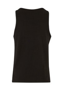 Black sleeveless tank top made of stretchy fabric. Features a rounded neckline and a fitted design with a smooth texture.