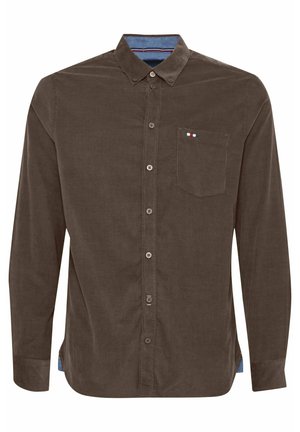Braune Corduroy-Hemd mit langen Ärmeln, Button-Down-Kragen, Taschen auf der Vorderseite und blauen Details am inneren Kragen. Verfügt über eine Knopfverschluss und abgerundeten Saum.