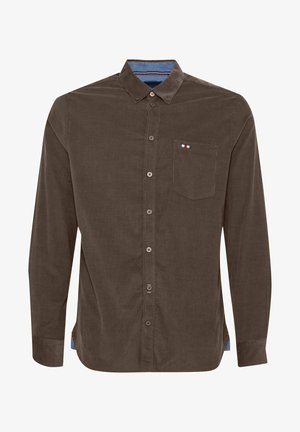 Braune Corduroy-Hemd mit langen Ärmeln, Button-Down-Kragen, Taschen auf der Vorderseite und blauen Details am inneren Kragen. Verfügt über eine Knopfverschluss und abgerundeten Saum.