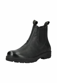 Botines de cuero negro hasta el tobillo con paneles elásticos laterales y tiradores. Presentan una punta redonda y una suela de goma texturizada para mayor agarre.