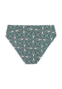 Parte inferior de bikini verde con un patrón geométrico en rosa y negro, diseño de talle medio y textura de tela suave.