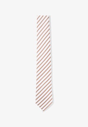 White necktie with diagonal brown dotted stripes evenly spaced along its length
