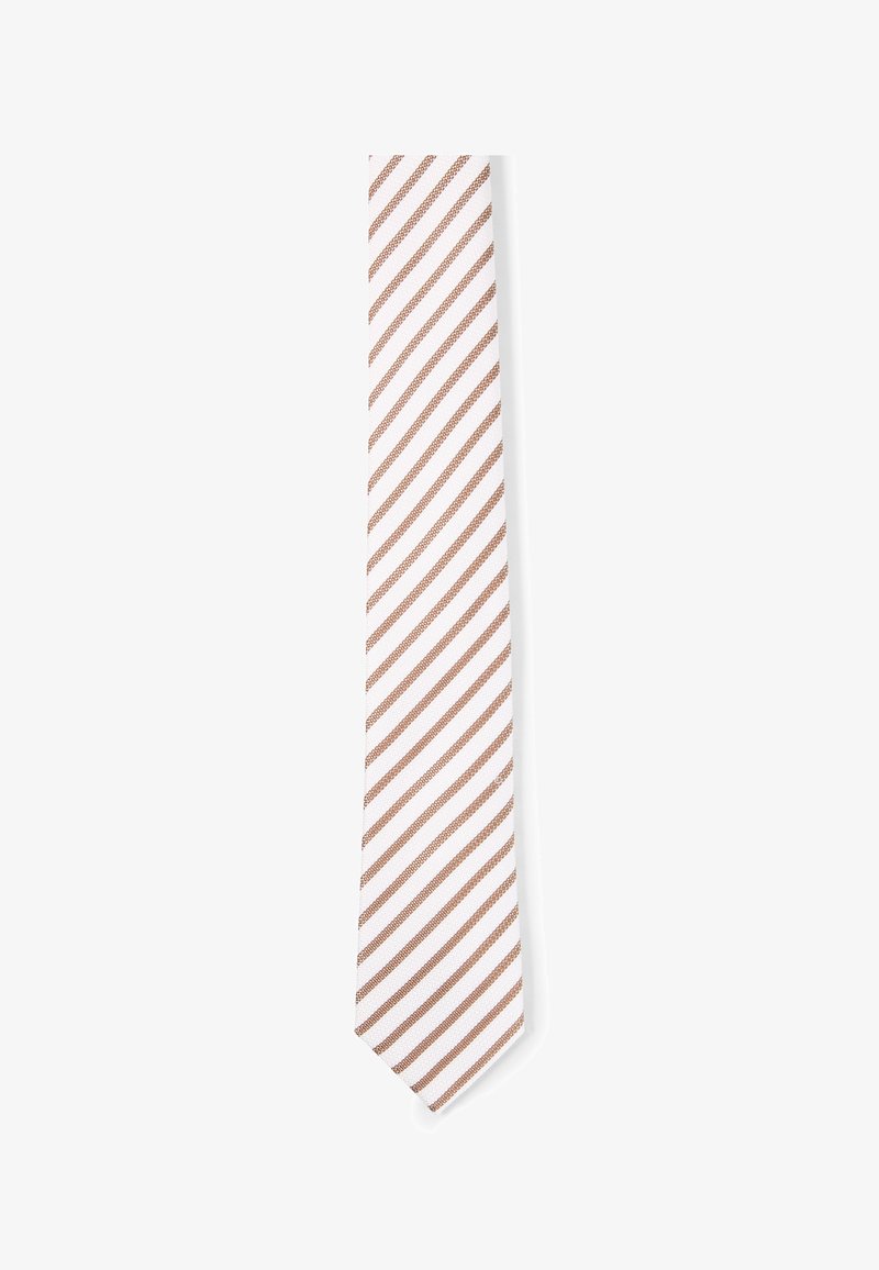 Cravate blanche avec des rayures diagonales brunes à pois espacées uniformément tout le long.