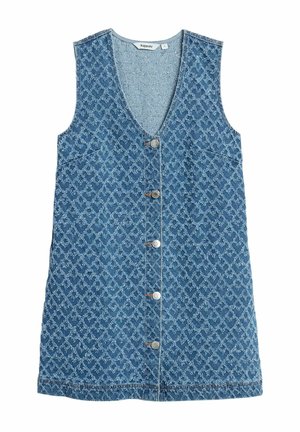 Ärmelloses blaues Denimkleid mit Rautenmuster, vorderen Knöpfen, V-Ausschnitt und Taschen auf jeder Seite.