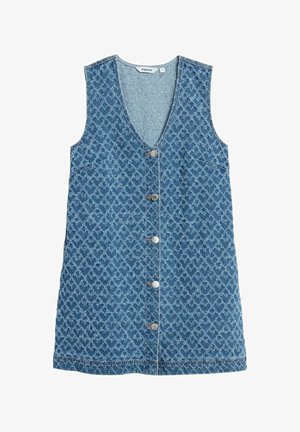 Ärmelloses blaues Denimkleid mit Rautenmuster, vorderen Knöpfen, V-Ausschnitt und Taschen auf jeder Seite.