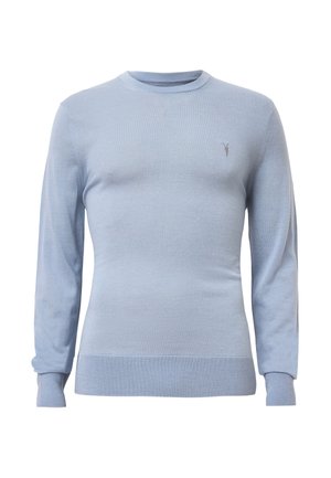 Pull bleu clair en tissu lisse ; doté de manches longues, d'un col rond, de poignets côtelés et d'un petit logo sur la poitrine.