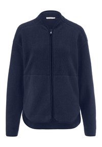 Navy-Fleecejacke mit hohem Kragen, durchgehendem Reißverschluss und zwei Fronttaschen; verfügt über eine weiche Textur und einen abgerundeten Saum.