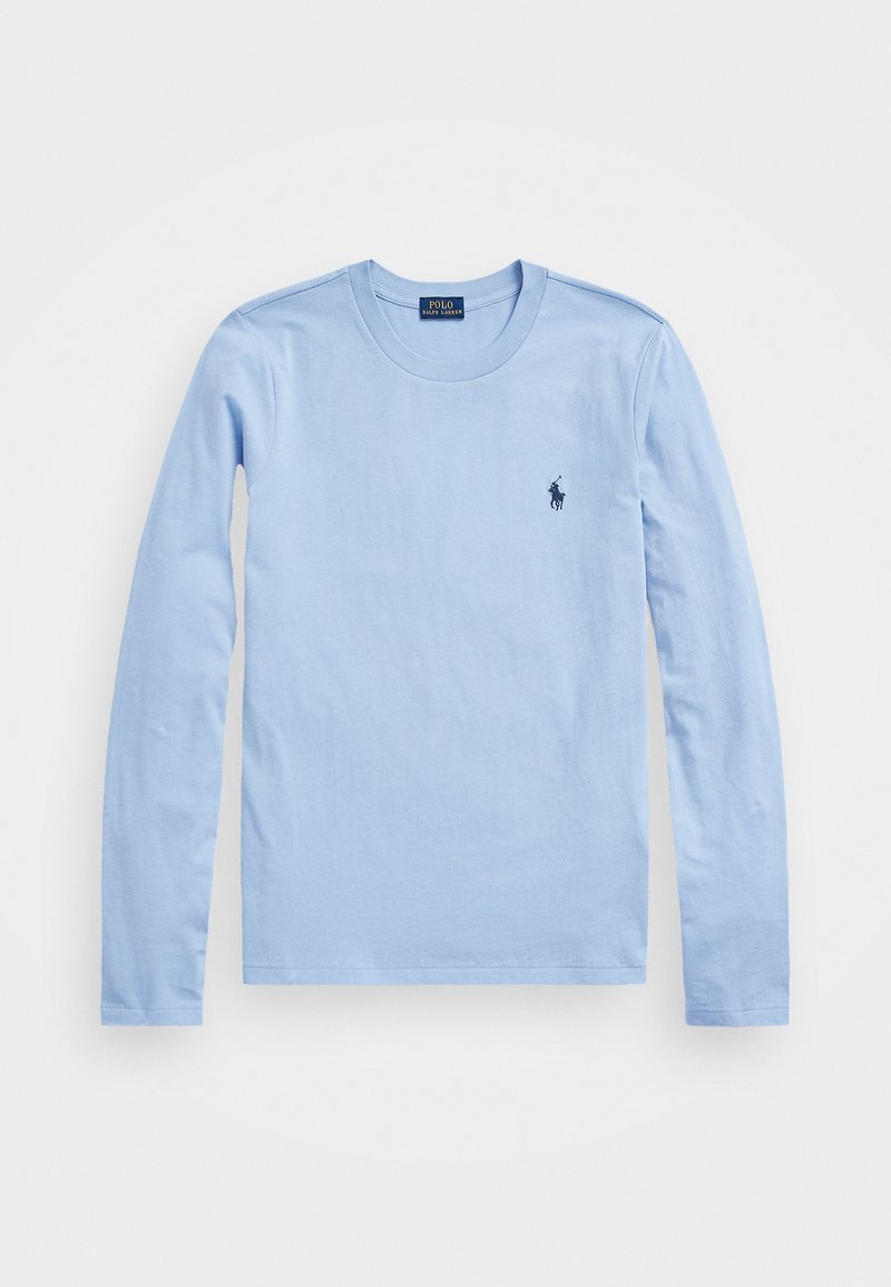 T-shirt bleu clair à manches longues avec col rond et petit logo Polo Ralph Lauren bleu foncé sur le côté gauche de la poitrine.