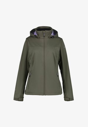 Veste softshell à capuche pour femme de couleur vert olive, avec fermeture éclair à l'avant, deux poches latérales zippées et poignets réglables.