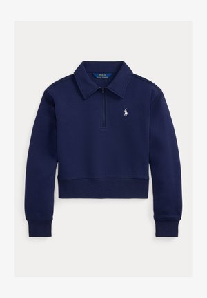 Navy blue cropped sweatshirt with a zippered collar, ribbed hem, and cuffs. Features a small white pony logo on the left chest.