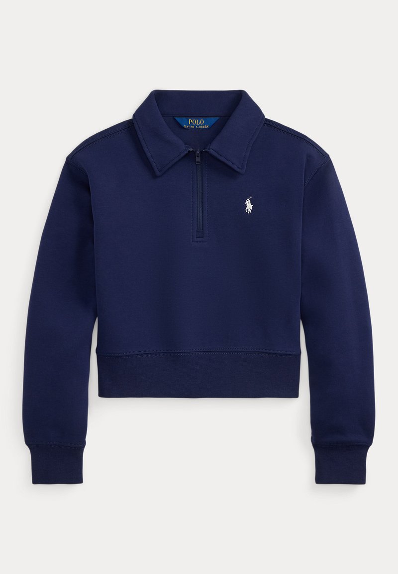 Μπλε ναυτικό κοντό φούτερ με φερμουάρ στο γιακά, ριμπ τελείωμα και μανσέτες. Διαθέτει μικρό λευκό λογότυπο πόνυ στο αριστερό μέρος του στήθους.