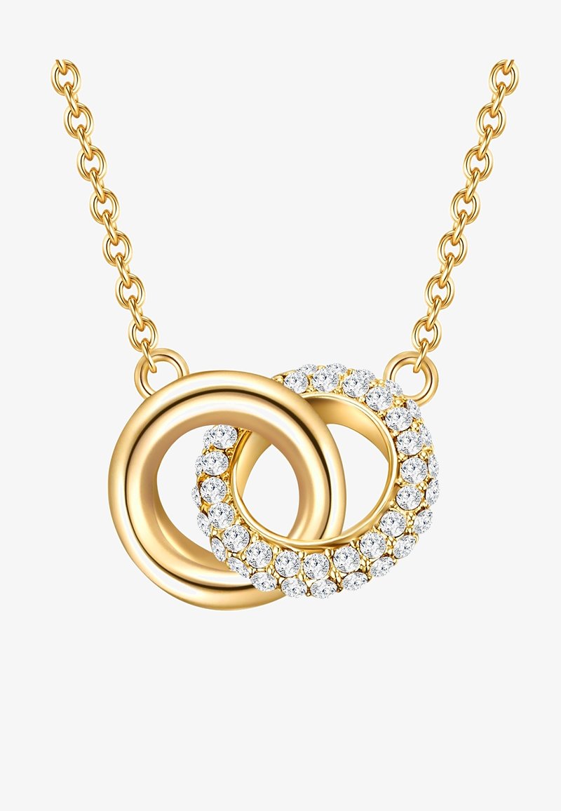 Guldring med to sammenflettede ringe, den ene poleret og den anden prydet med klare ædelstene, hængende fra en kæde.