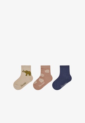 Set aus drei Knöchelsocken: beige mit grünem Elefantendruck, pink mit Blattmuster und einfarbig dunkelblau. Weicher Stoff, gerippte Textur.