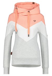 Felpa con cappuccio dal design a blocchi di colore in corallo, bianco e grigio chiaro. Caratterizzata da un grande cappuccio, lacci e un piccolo logo a forma di cuore.