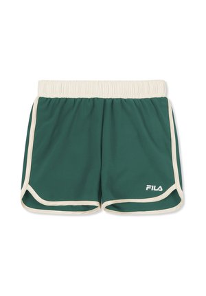 Pantalones cortos deportivos verdes con cinturilla y ribete elásticos blancos, con el logo de FILA en la parte frontal de la pierna derecha inferior.