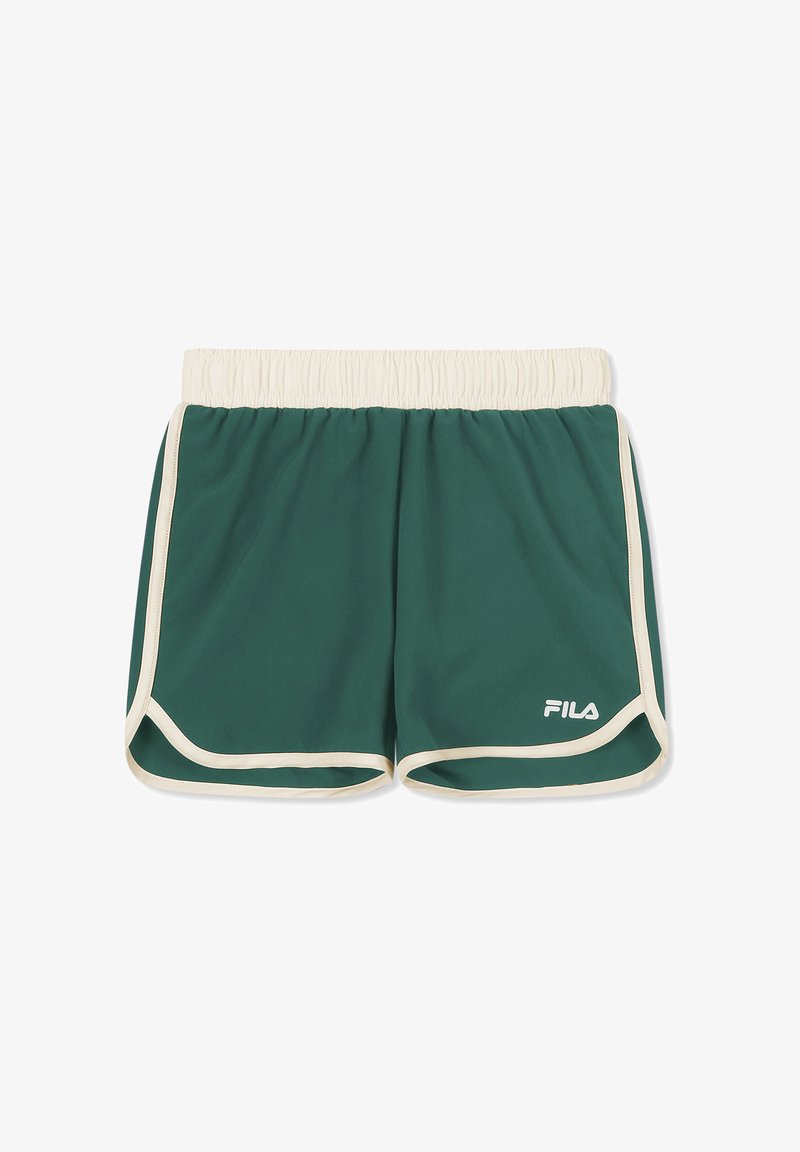 Shorts de sport verts avec une taille élastique blanche et des bandes blanches, arborant le logo FILA sur le bas de la jambe droite à l'avant.