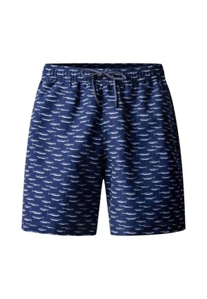 Marineblauwe zwembroek met wit vissenpatroon, elastische tailleband en aantrekkoord.