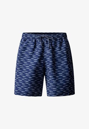 Marineblauwe zwembroek met wit vissenpatroon, elastische tailleband en aantrekkoord.