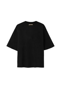 Black cotton t-shirt with short sleeves, featuring a round neckline and a decorative geometric embroidery design at the back near the collar.