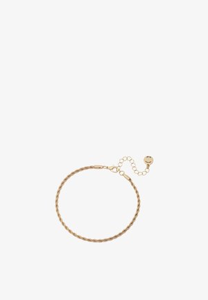 Bransoletka w złotym odcieniu z plecionym wzorem liny, z zapięciem typu karabińczyk i regulowanym łańcuszkiem do dopasowania rozmiaru.