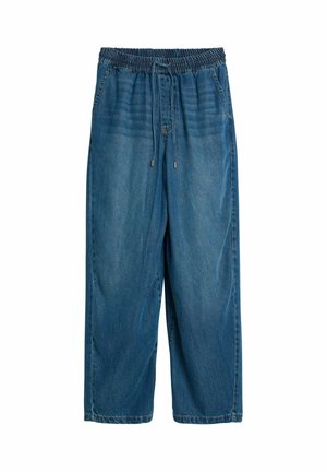 Luźne niebieskie spodnie dżinsowe z elastycznym pasem i sznurkiem, wyposażone w przednie kieszenie i prosty krój nogawek.