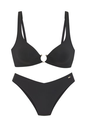 Black two-piece bikini with triangle cups connected by a small gold ring and matching low-rise bikini bottoms with a small gold tag.