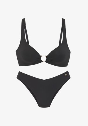 Black two-piece bikini with triangle cups connected by a small gold ring and matching low-rise bikini bottoms with a small gold tag.