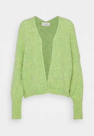 Light green knitted cardigan with long sleeves, open front, ribbed hem and cuffs, displayed against a white background.