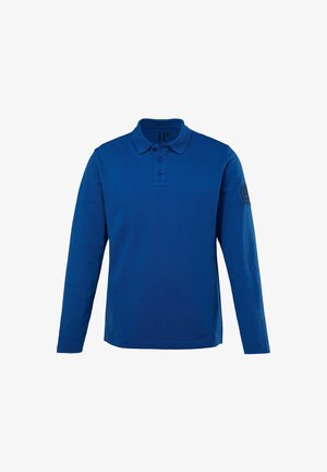 Koszula polo z długim rękawem w jednolitym niebieskim kolorze z bawełny, z kołnierzykiem, trzema guzikami z przodu oraz logo na lewym rękawie.