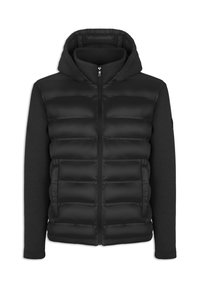 Czarna kurtka puchowa z kapturem, z pikowanym, ocieplanym przodem i długimi rękawami z czarnego materiału. Zamek błyskawiczny i minimalne oznaczenia marki.