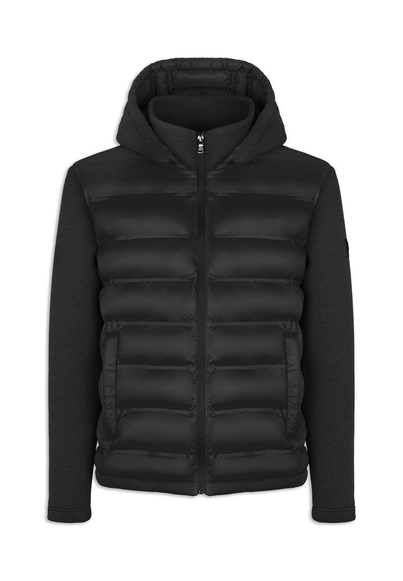 Czarna kurtka puchowa z kapturem, z pikowanym, ocieplanym przodem i długimi rękawami z czarnego materiału. Zamek błyskawiczny i minimalne oznaczenia marki.