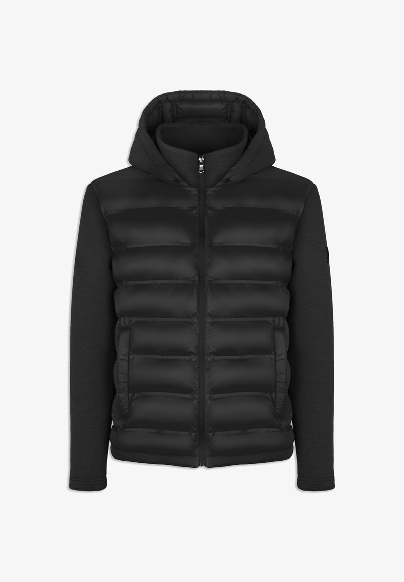 Czarna kurtka puchowa z kapturem, z pikowanym, ocieplanym przodem i długimi rękawami z czarnego materiału. Zamek błyskawiczny i minimalne oznaczenia marki.