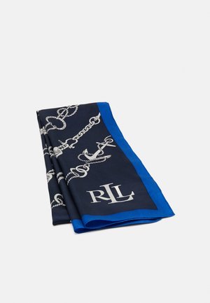 Marineblauwe zijden sjaal met witte nautische kettingen en ankerpatronen, een felblauwe rand, en de initialen "RLL" in de hoek.