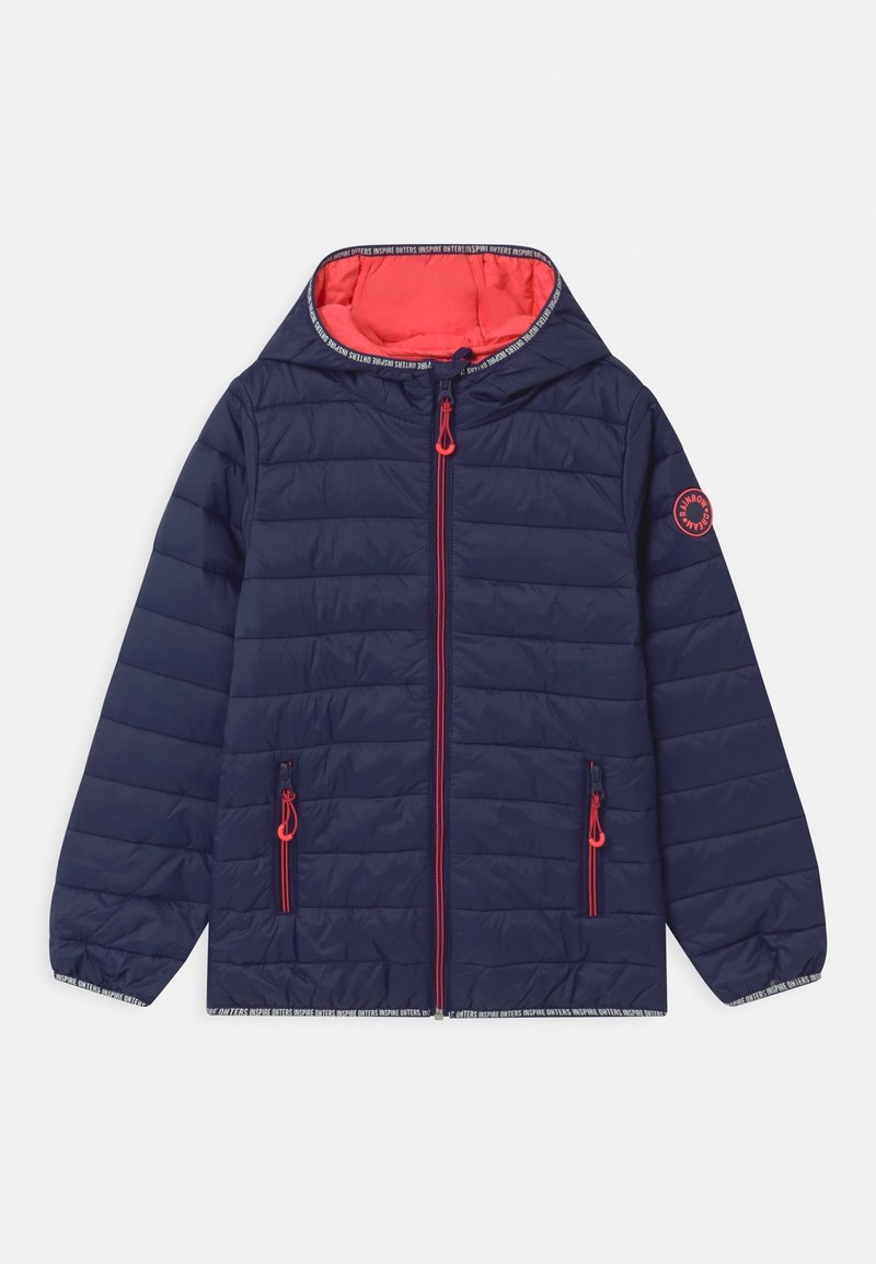 Navy puffer jacket with a hood, featuring red zipper accents, elastic cuffs, and contrasting red lining. Two front zip pockets included.