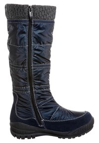 Botte d'hiver bleu marine avec une finition brillante matelassée, bord en tricot gris texturé, fermeture éclair sur le côté et semelle en caoutchouc pour une meilleure traction.